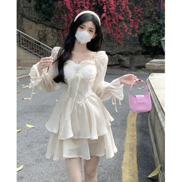 MQTIME  -  Summer plus Size Women's Dress Gentle Style Square Collar High Waist Pleated Mini Skirt Elegant Skirts Full Sleeve Other Sleeve